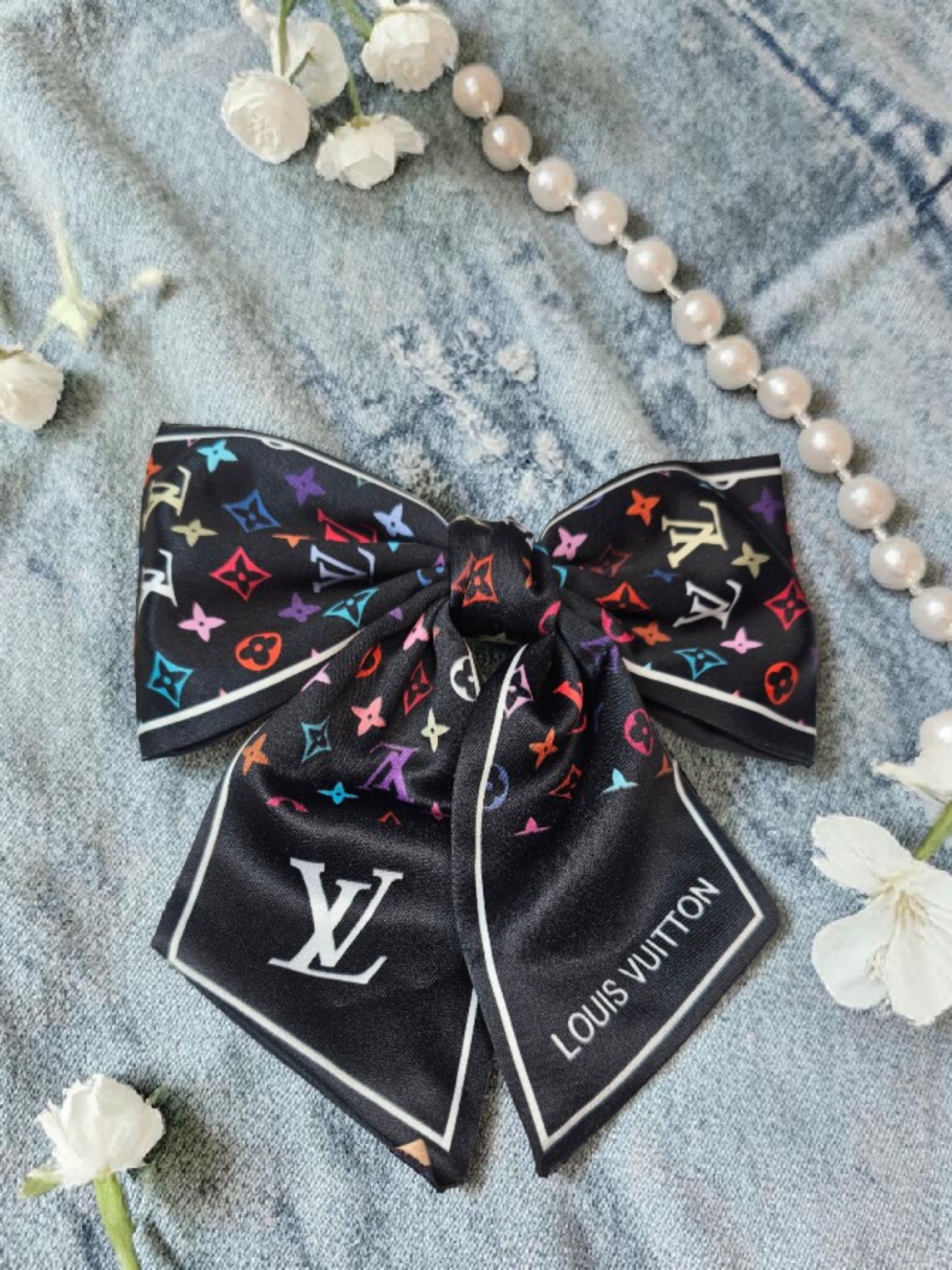 Louis x Murakami Logo Black 100% Silk Hair Bow