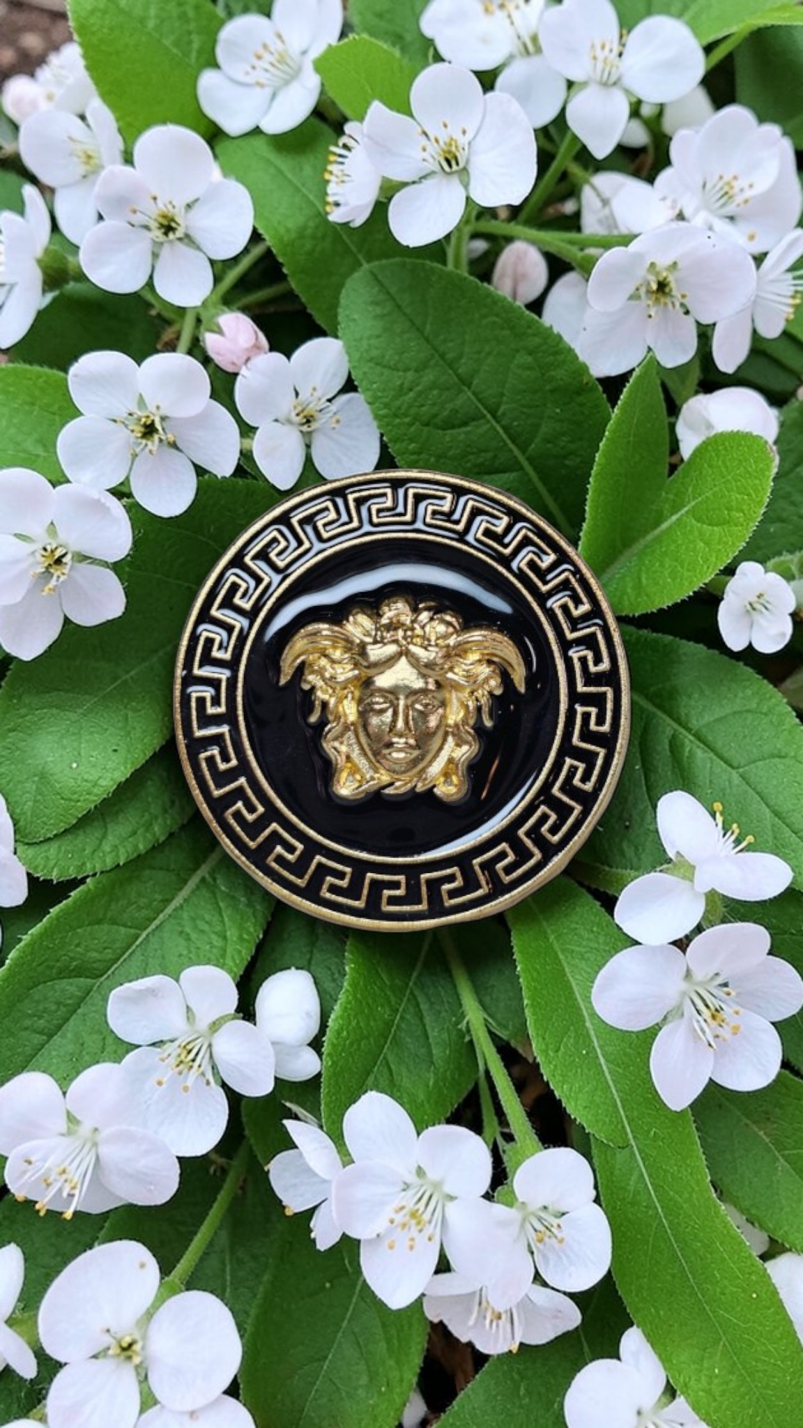 Versace Medusa Charm Black and Gold Pin Brooch