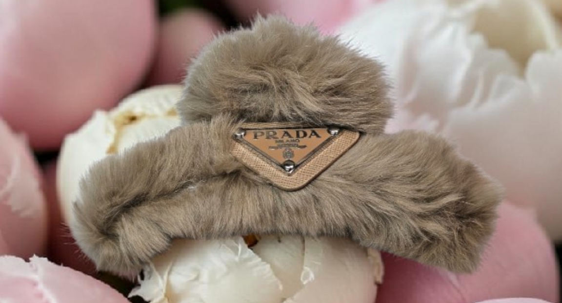 Triangle Charm Beige Fur Hair Claw Clip Spring