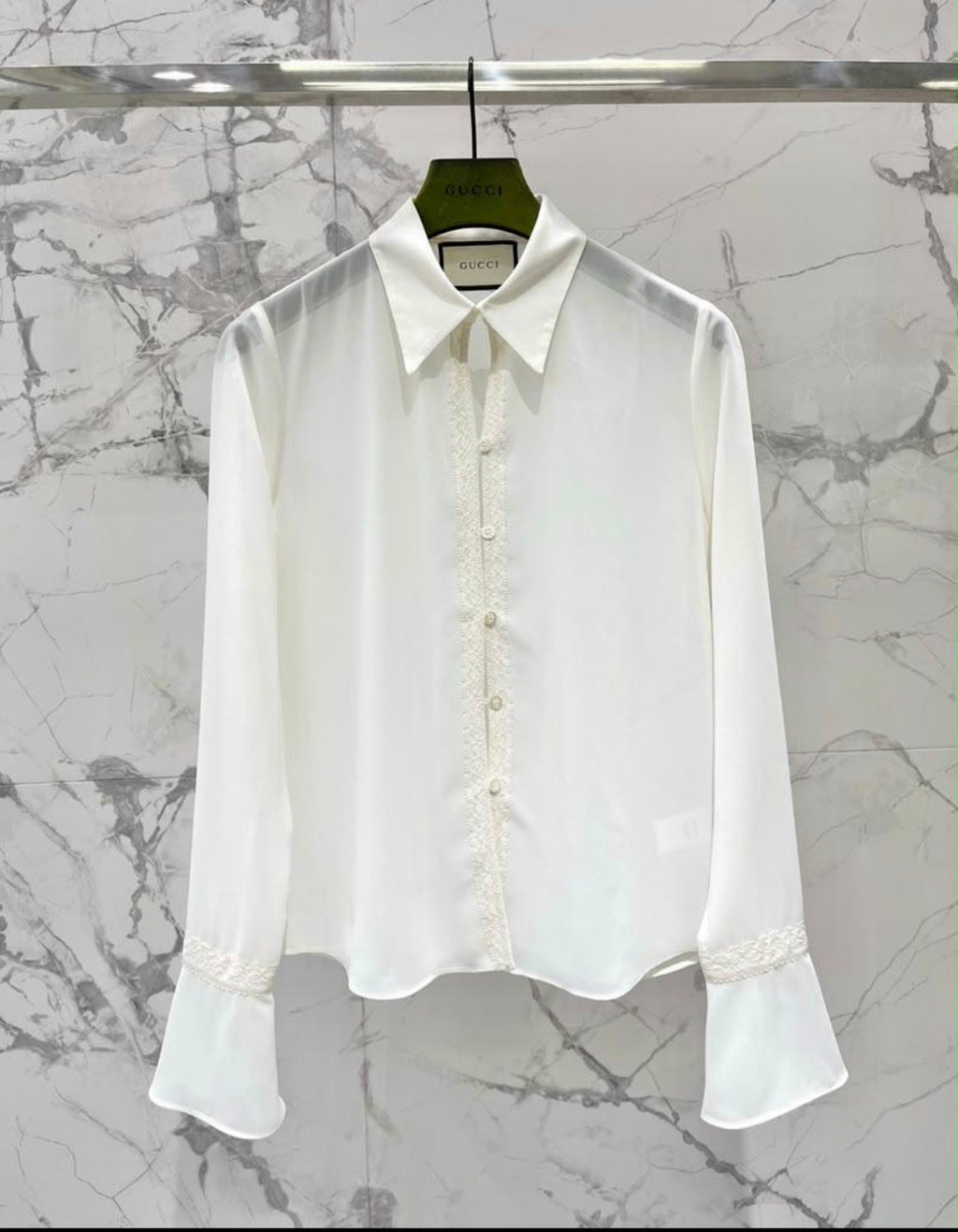 G Logo Sheer Button Down Blouse
