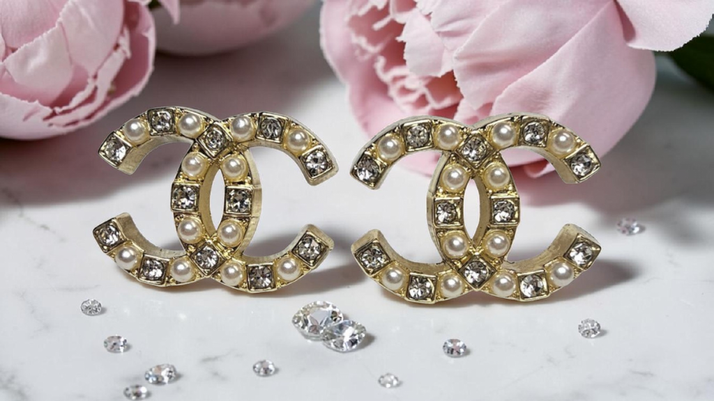 CC Logo charm Gold Pearl and Gemstone Earrings