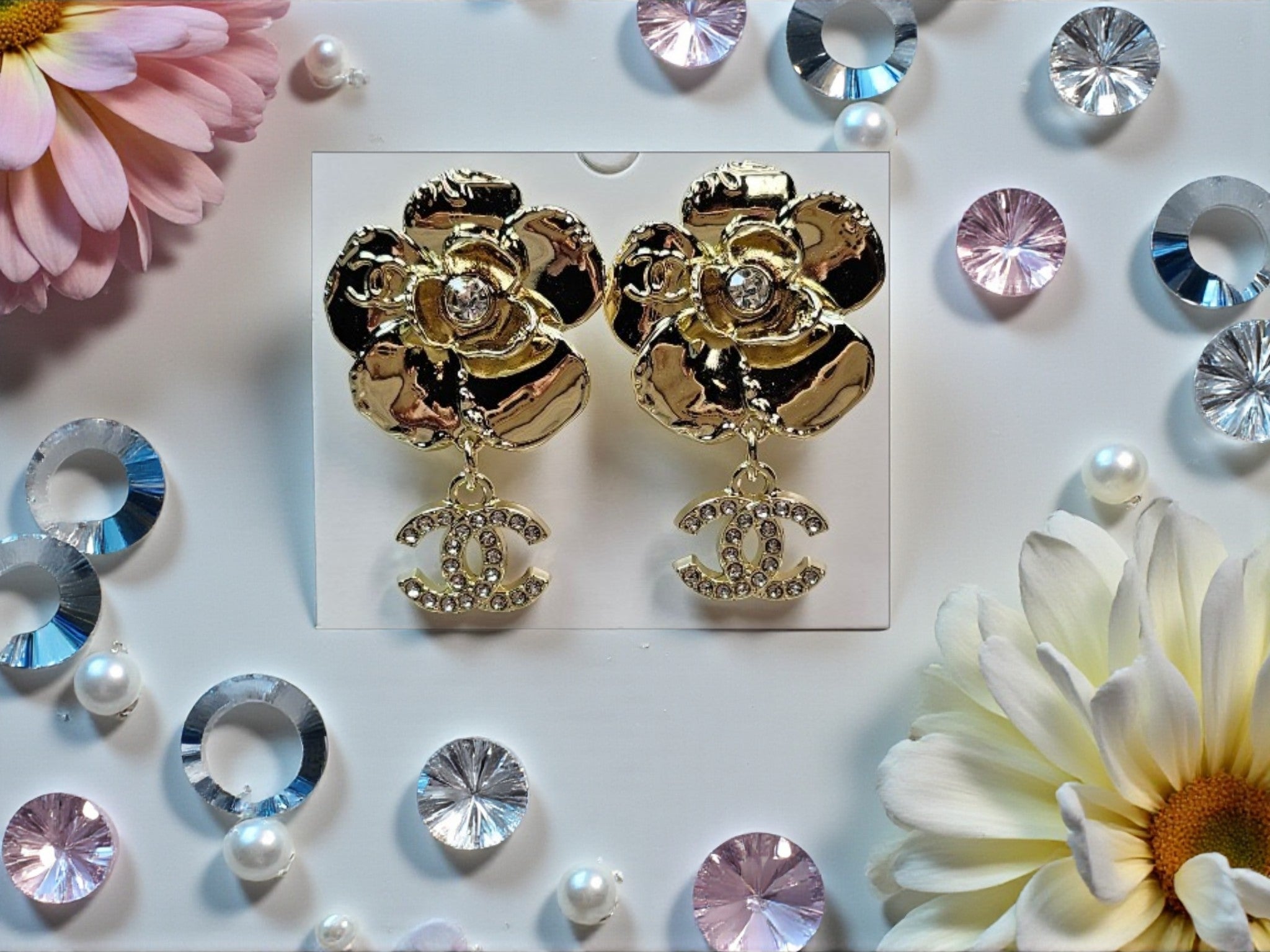 Gold plated Statement CC Logo Dangle Pierced Earrings