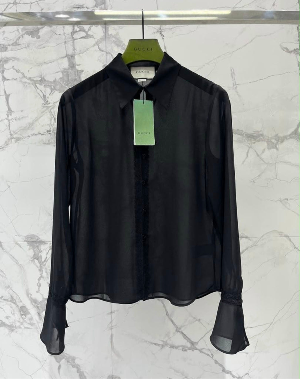 G Logo Sheer Button Down Blouse