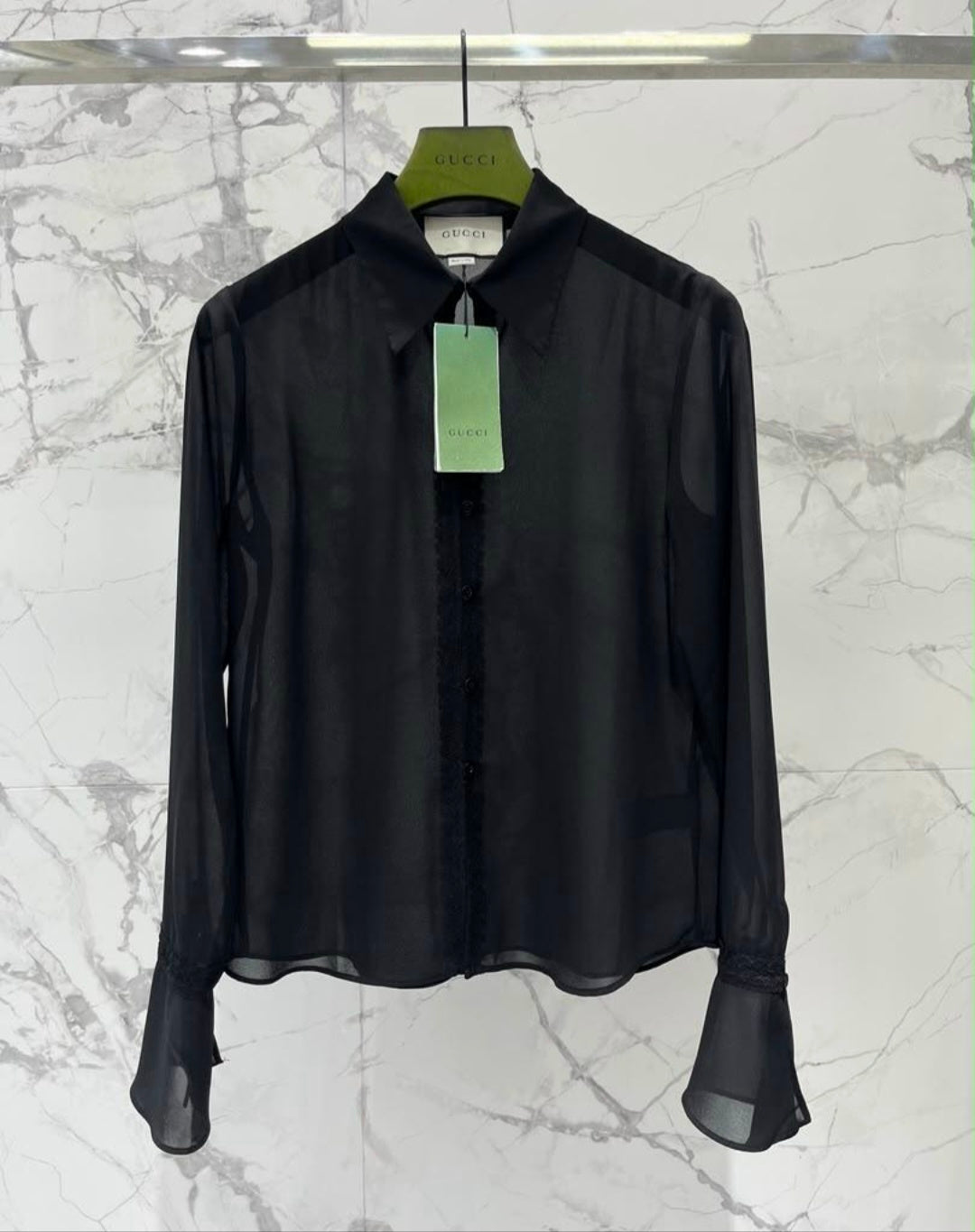 G Logo Sheer Button Down Blouse