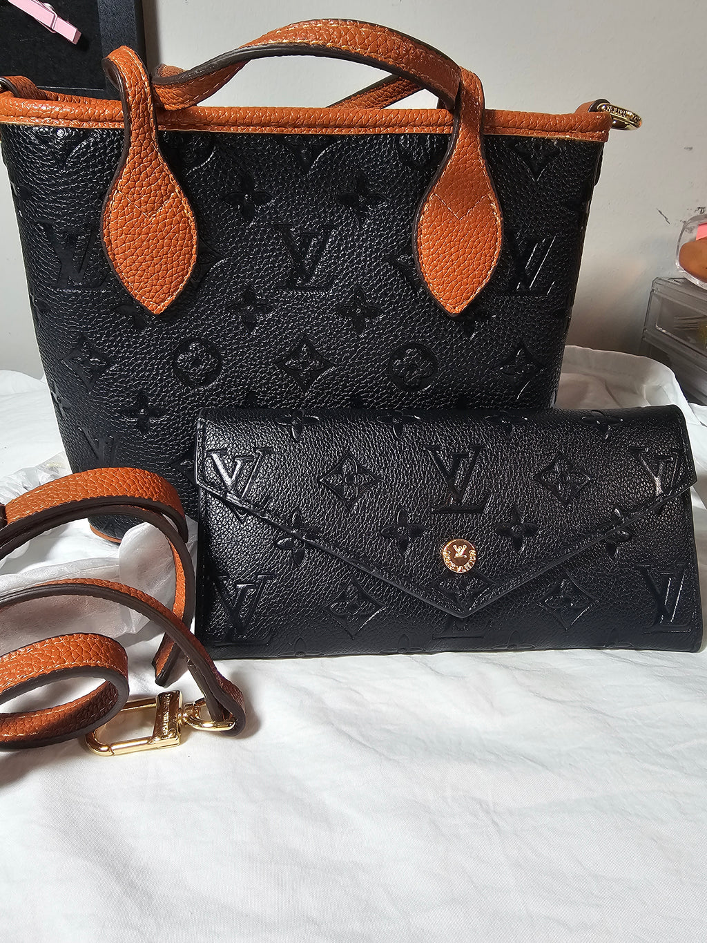 Black embossed monogram 2 pc bucket set