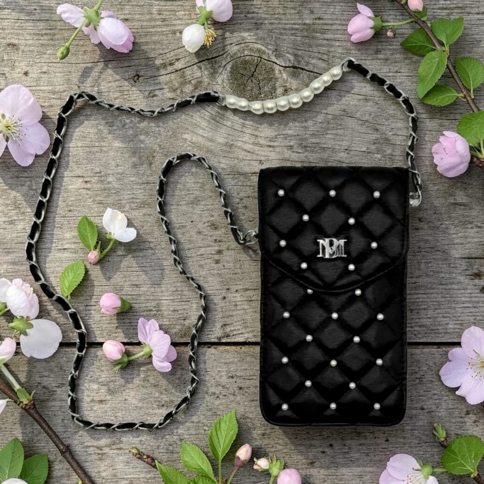 Badgley Mischka Black Vegan Leather w/ Pearls Crossbody Phone Case NWT