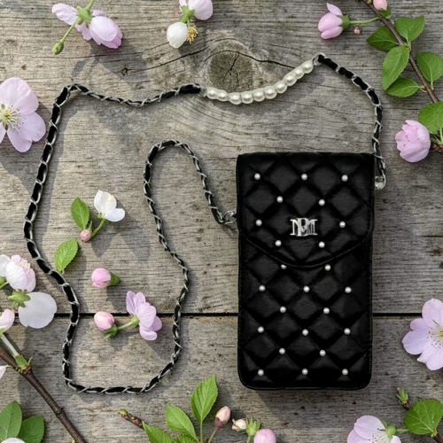 Badgley Mischka Black Vegan Leather w/ Pearls Crossbody Phone Case NWT