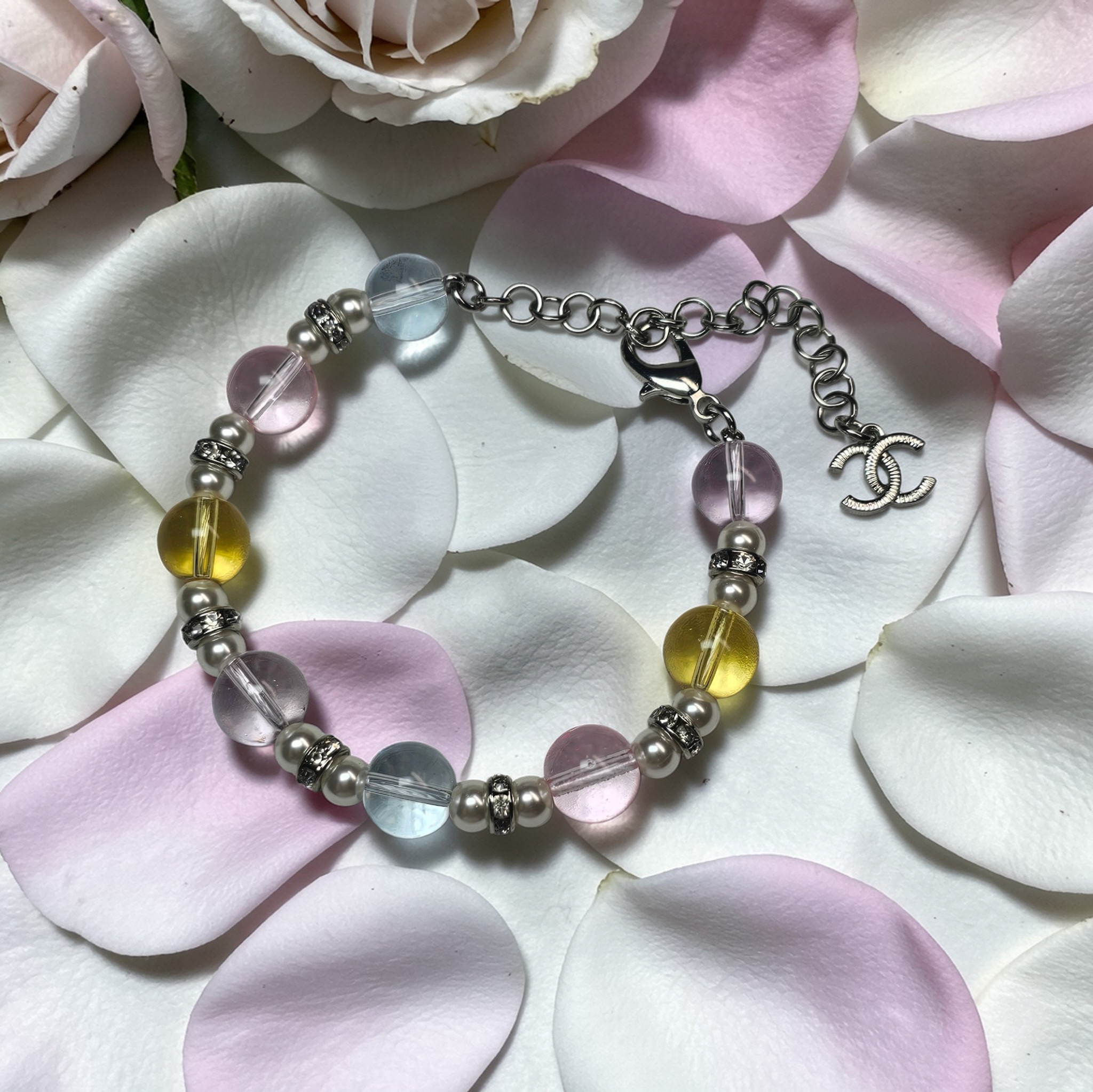 CC Logo Glass Bead Bracelet Silver