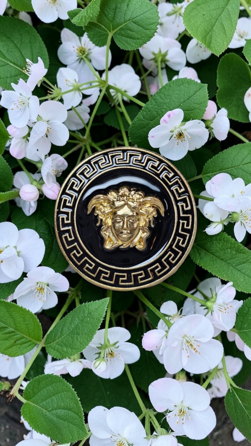 Versace Medusa Charm Black and Gold Pin Brooch