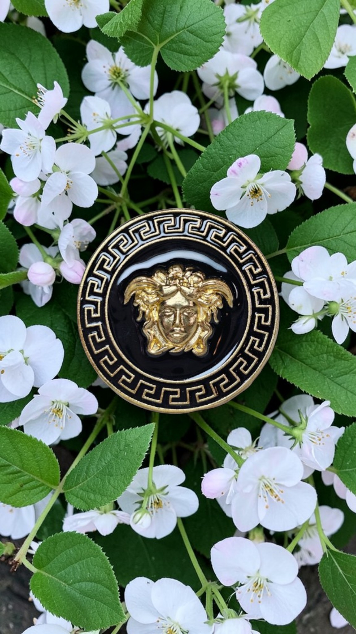 Versace Medusa Charm Black and Gold Pin Brooch