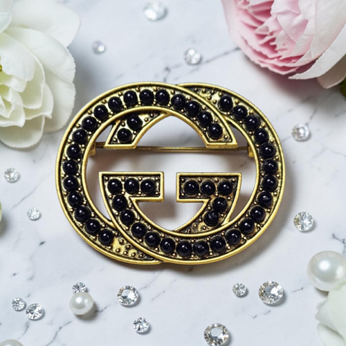 Antique Gold & Black Pearl Charm Brooch