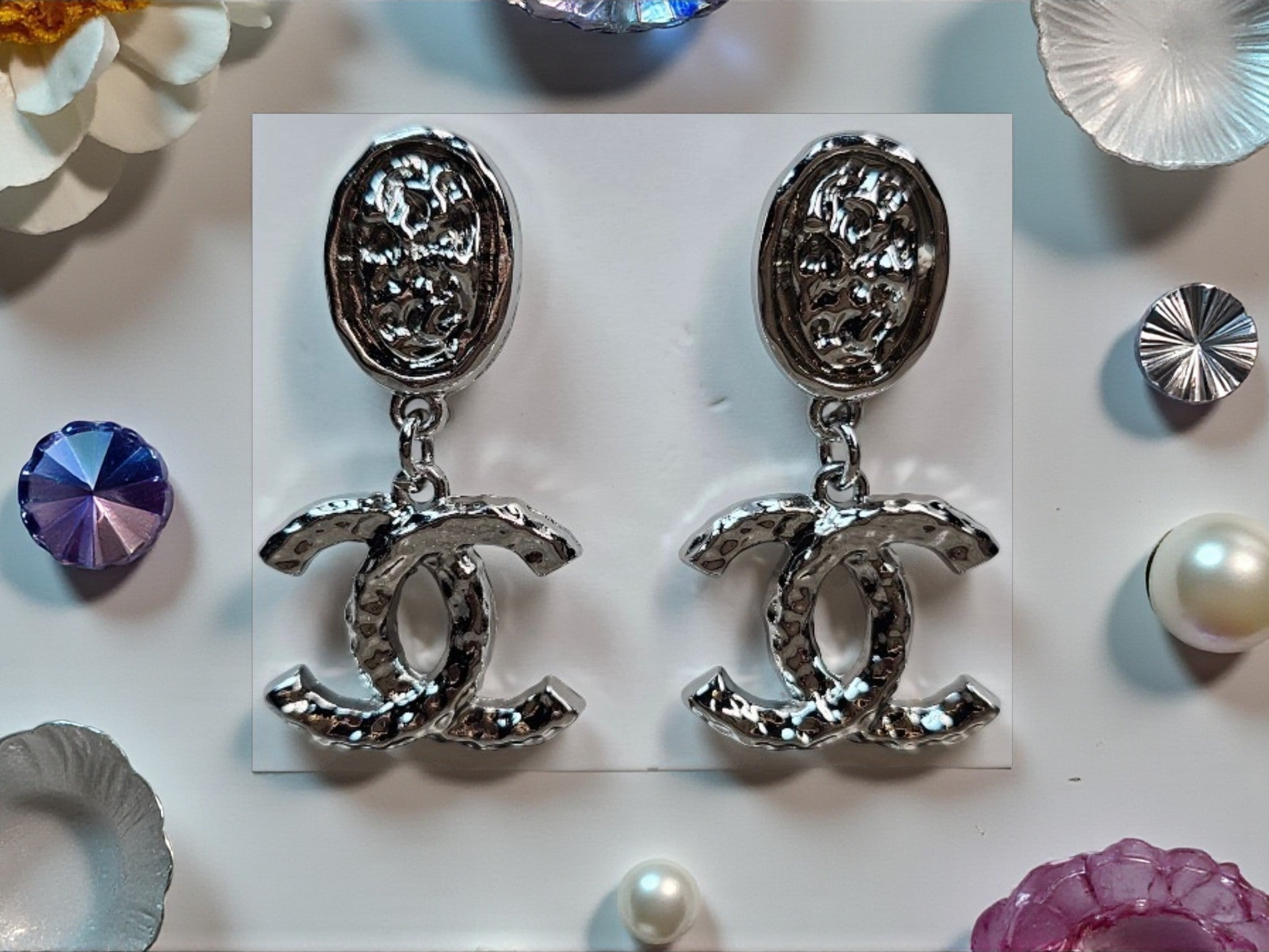 White Gold plated CC Dangle Statement Pierced Studs