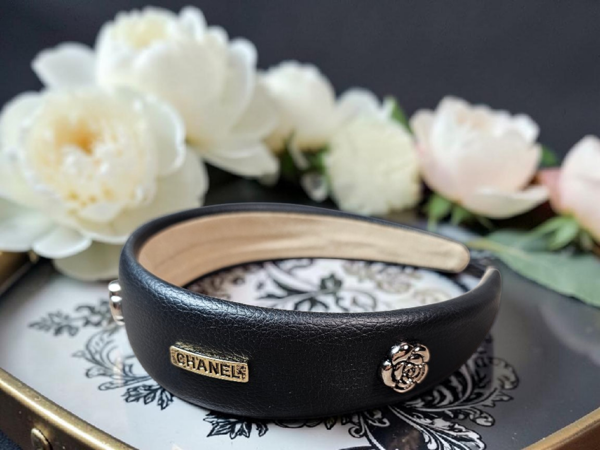 Camellia Charm Black  Leather Headband Summer