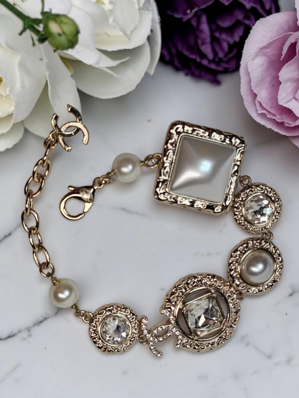 Gold CC Logo Statement Bracelet with charm