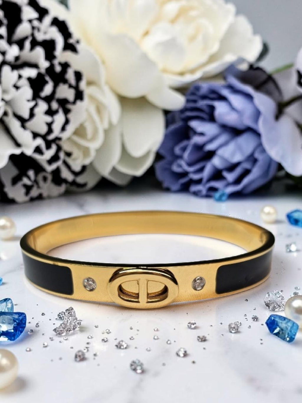 CD Logo Bangle Bracelet Black and Gold