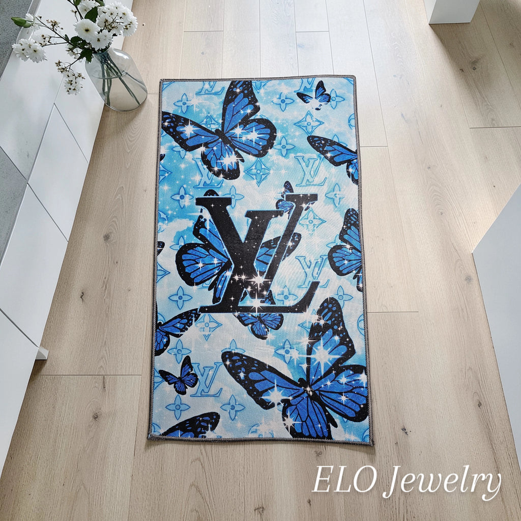 Custom Louis Vuitton Logo Blue Butterfly Monogram Floor rug