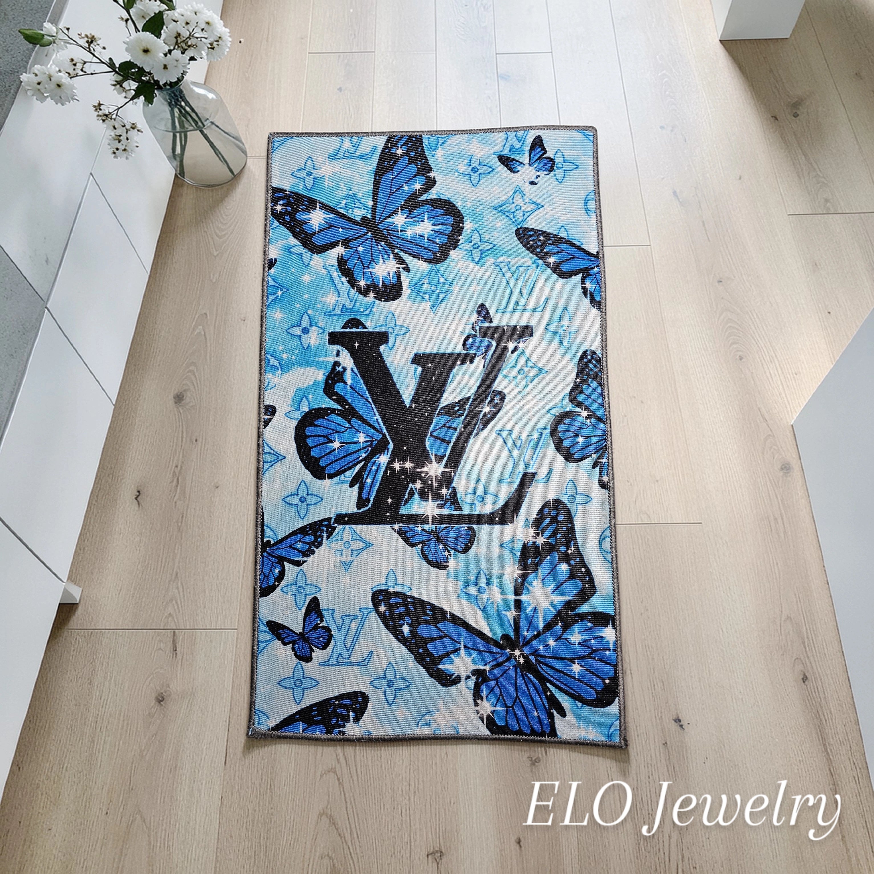 Custom Louis Vuitton Logo Blue Butterfly Monogram Floor rug