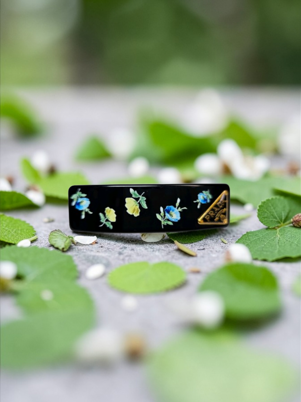 Prada Black Floral and Gold Logo Charm Barrette/ Hair Clip Black Floral