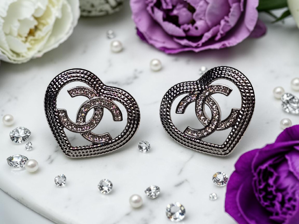 CC Logo charm Silver Heart Stud Earrings Pierced Ears