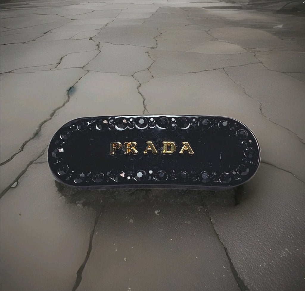 Black Gemstone Luxury Prada Logo Sparkling Stone Hair Clip