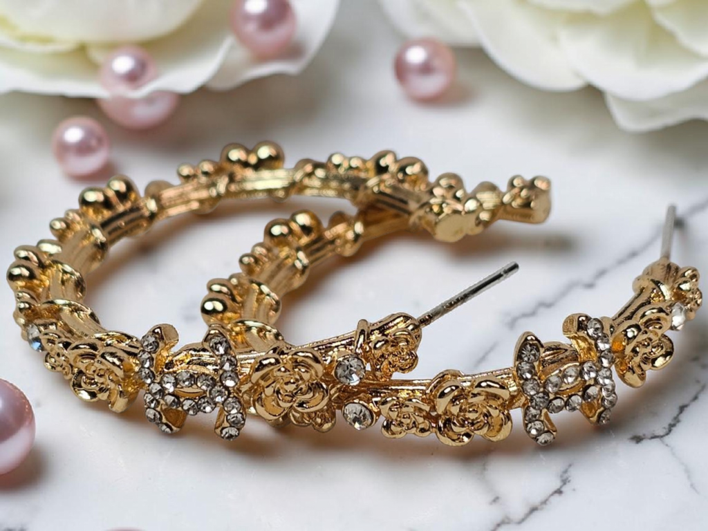 CC Camellia logo Gold and Gemstone Statement Hoops