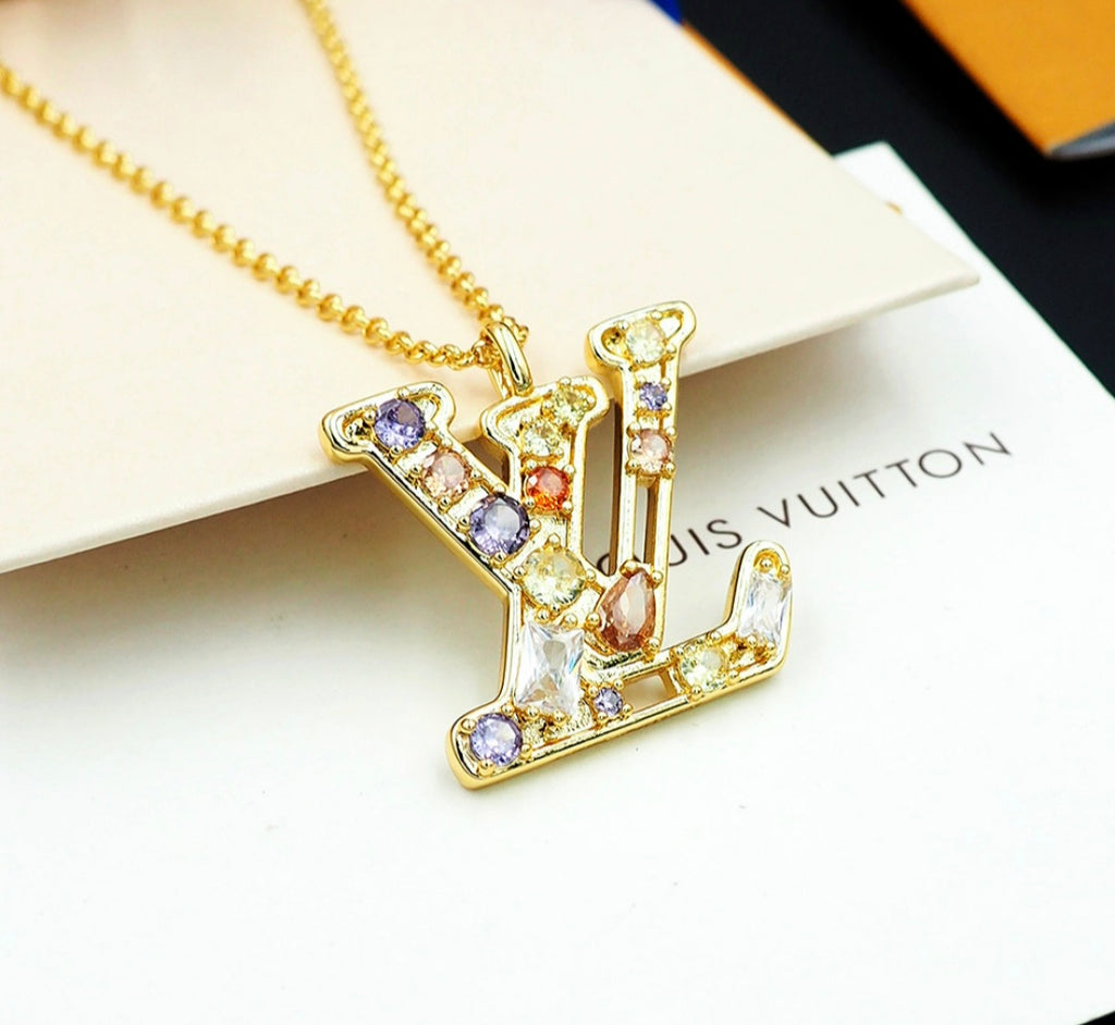 18K gold plated Gemstone Logo Dangle Necklace