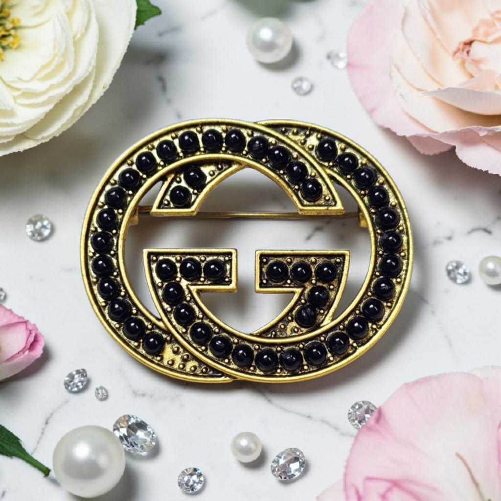 Antique Gold & Black Pearl Charm Brooch