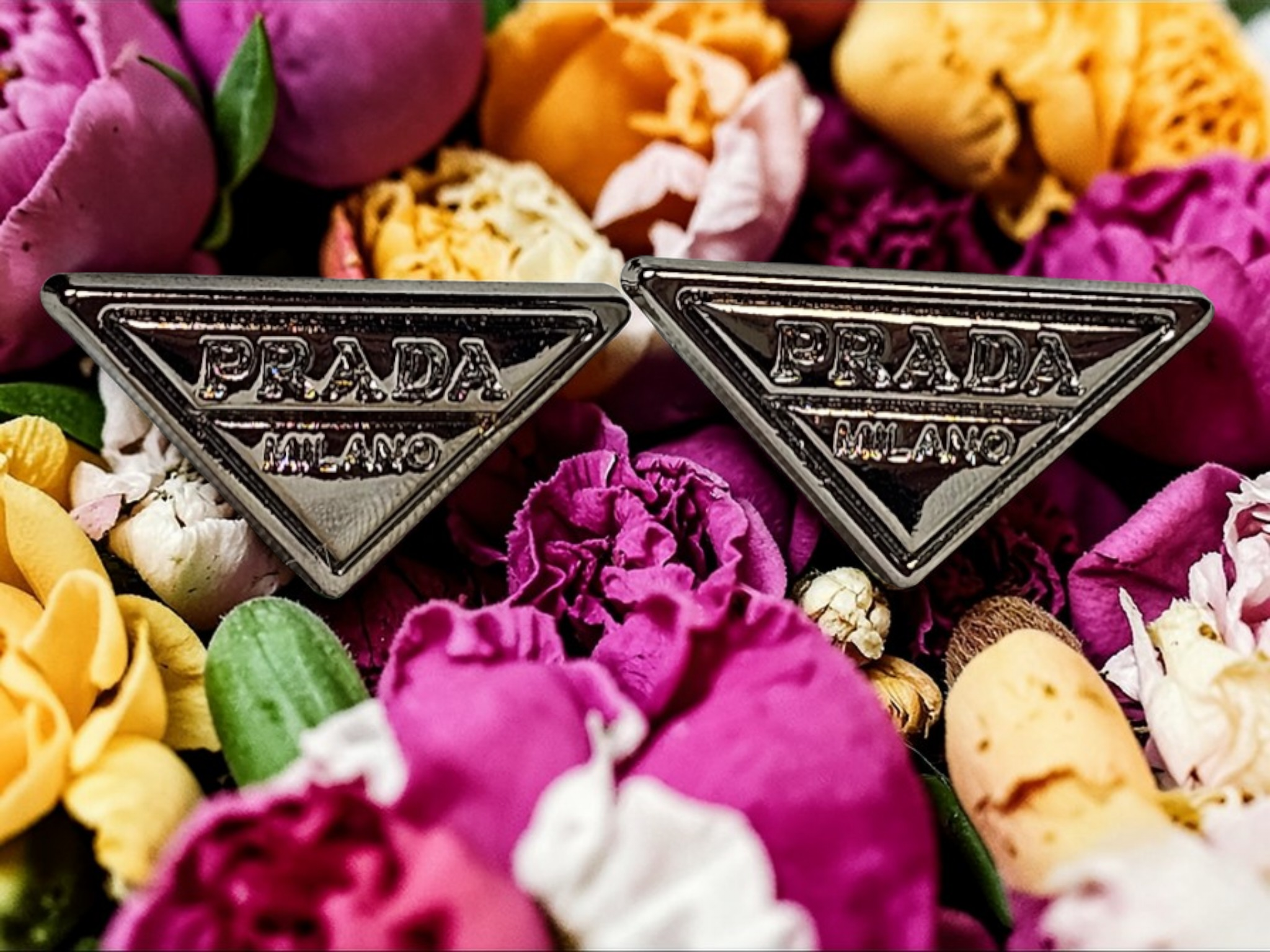 Silver Prada logo charm Triangle Stud Earrings