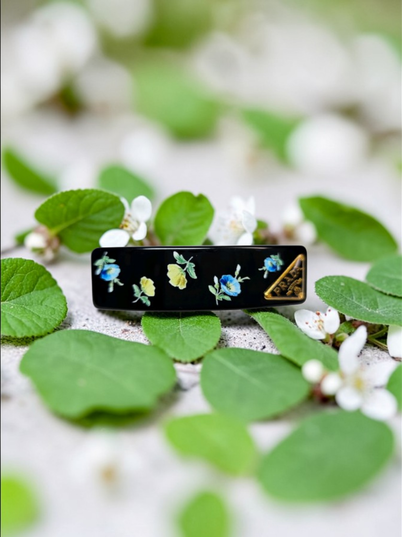Prada Black Floral and Gold Logo Charm Barrette/ Hair Clip Black Floral