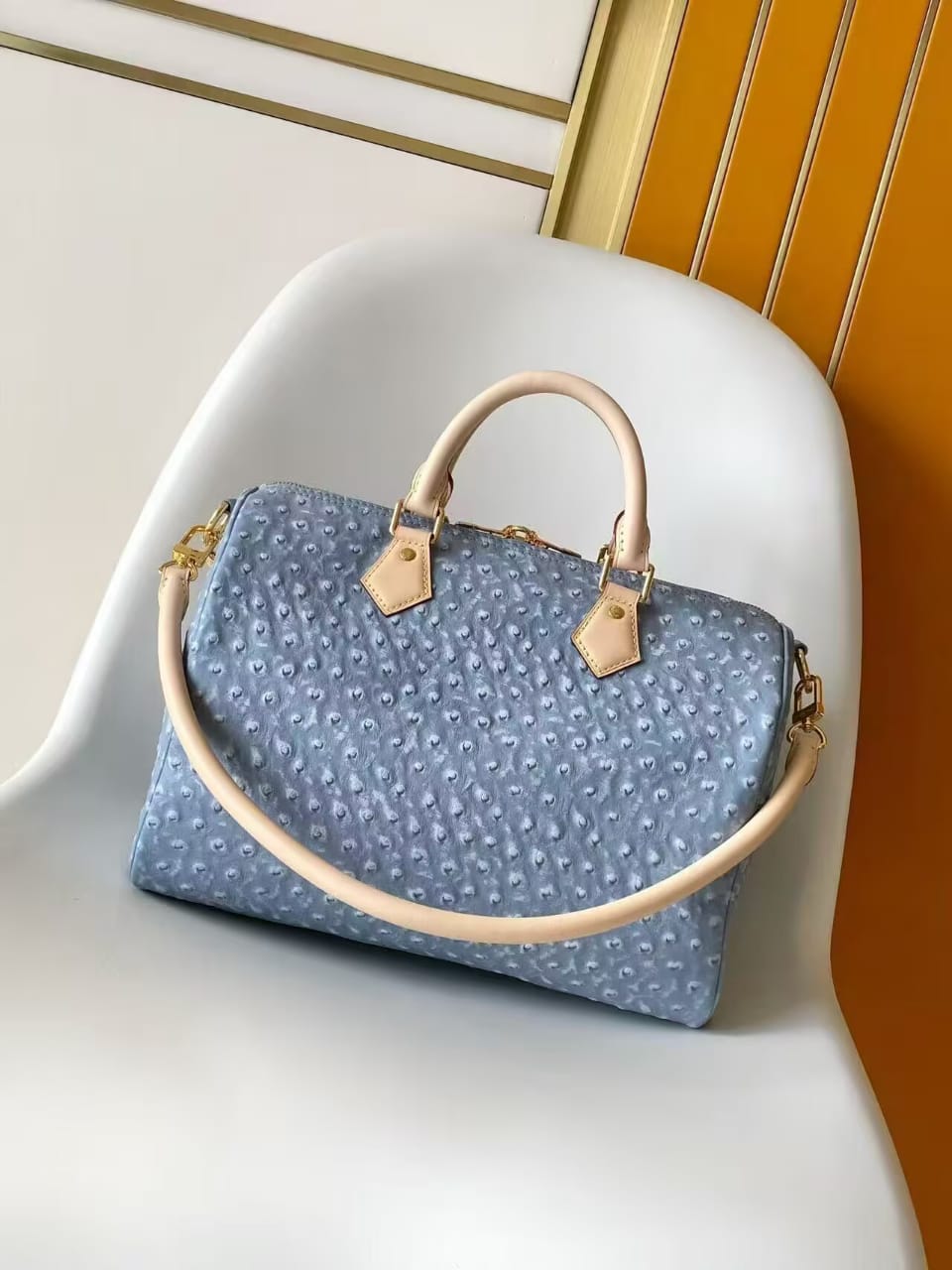 Blue Ostrich L Logo Specialty Luxury Bag 30 cm