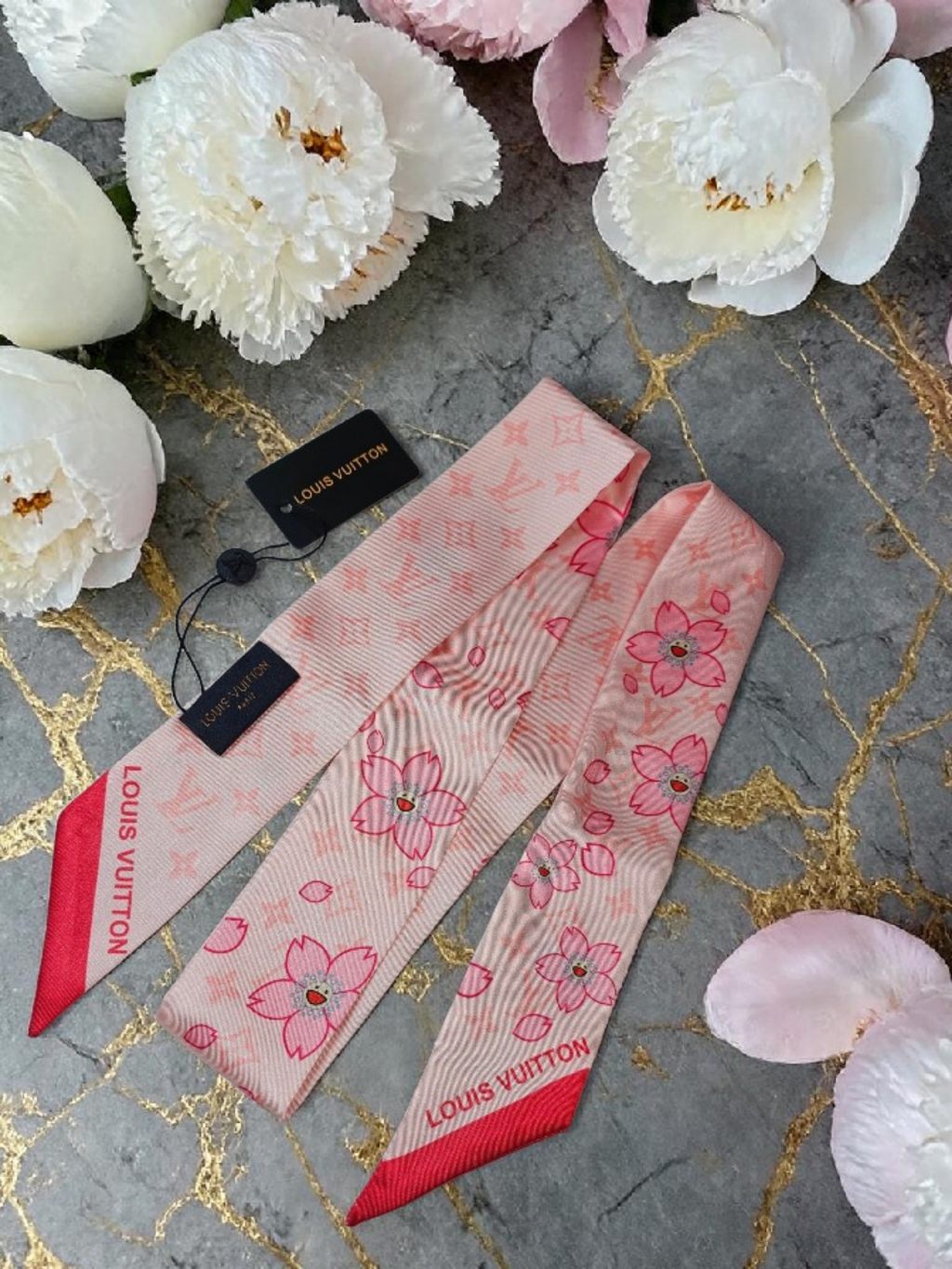 Louis Logo 100% Silk Bag/ Hair Scarf Made in Italy Pink Blossom