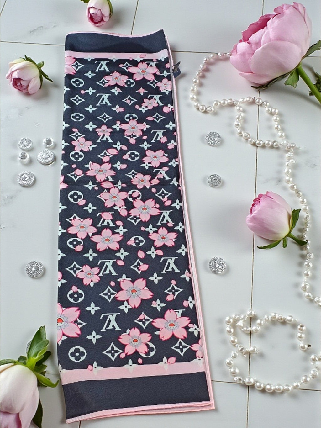 100% Silk LV Logo Black and Punk Cherry Blossom Large Scarf