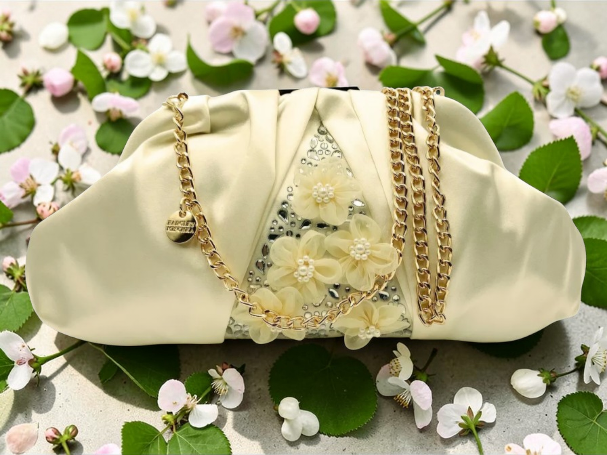 Badgley Mischka White Satin Floral Embellished Clutch Crossbody NWT