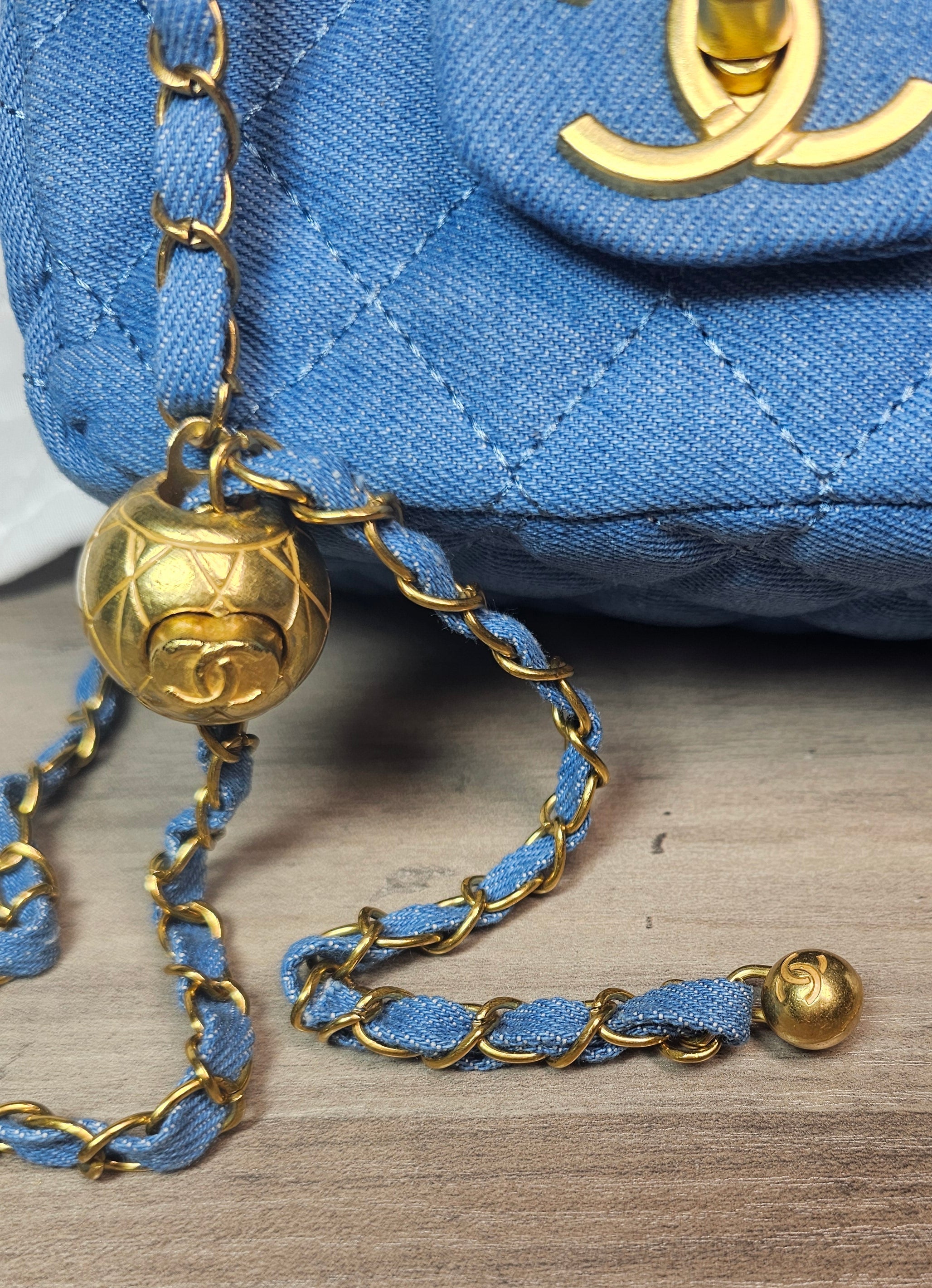 CC Logo Denim mini Crossbody Bag with Ball chain Strap