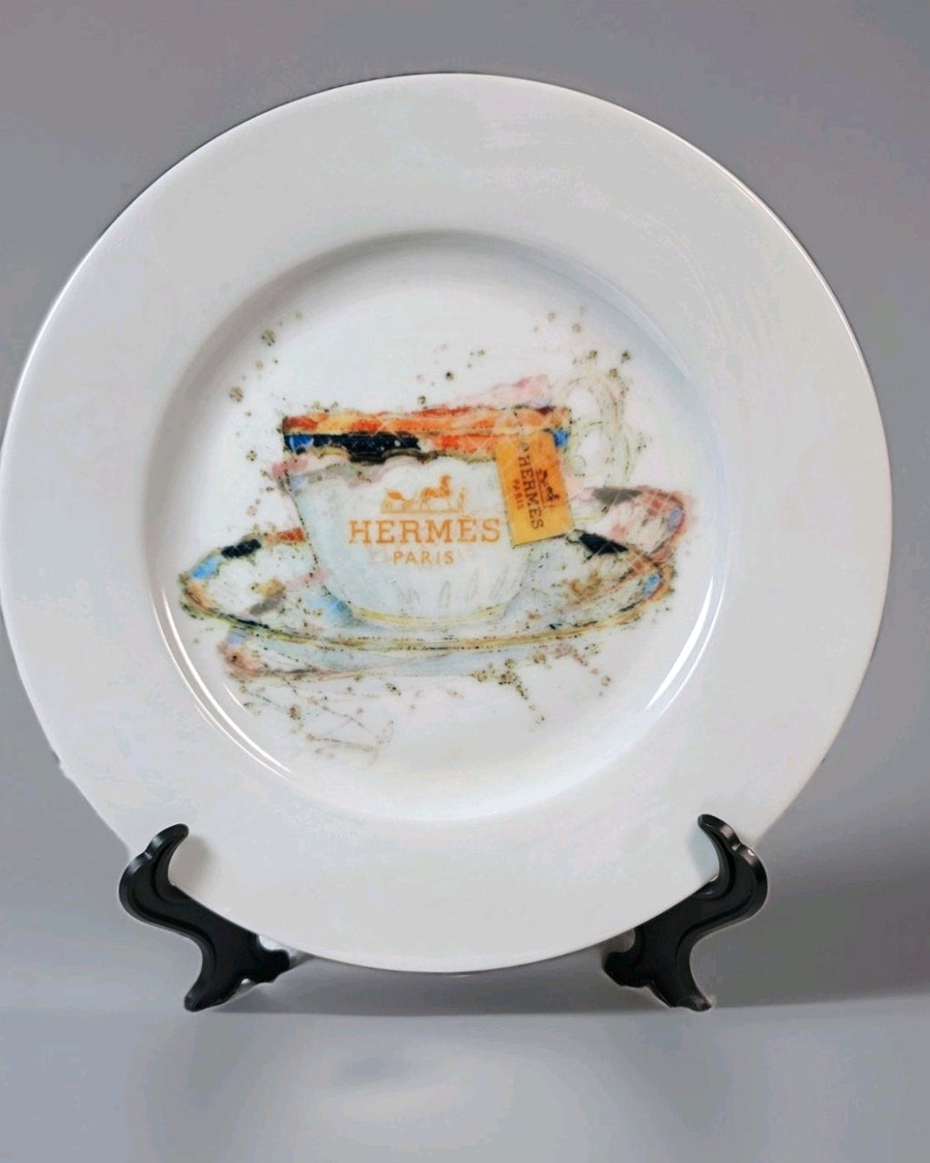 Custom Hermès Inspired Hand-Painted Plate with display stand