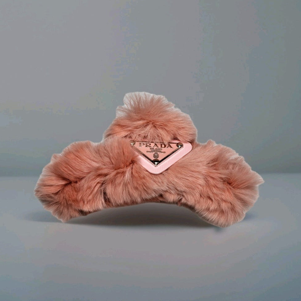 Prada Logo Charm Pink Fur Hair Claw Clip