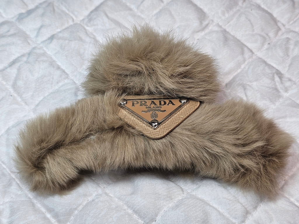 Prada Logo Charm Beige Fur Hair Claw Clip