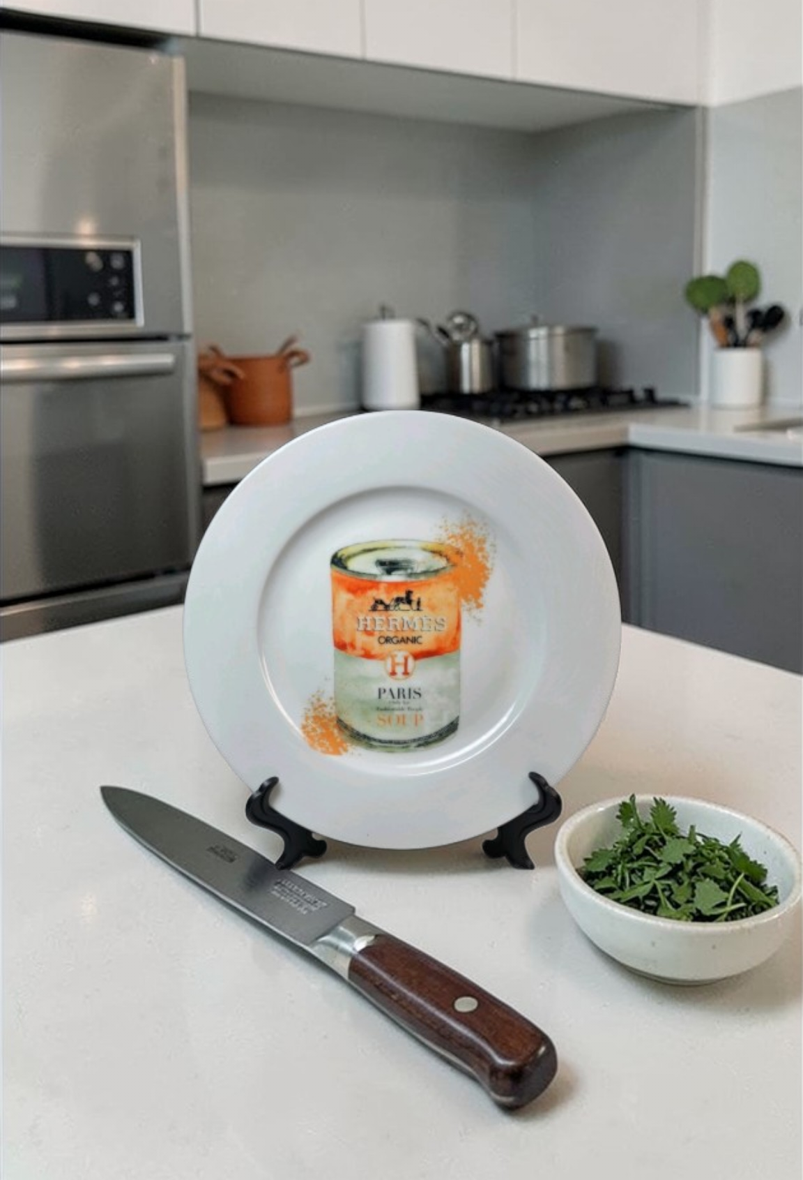 Custom Hermès Hand-Painted Plate with display stand