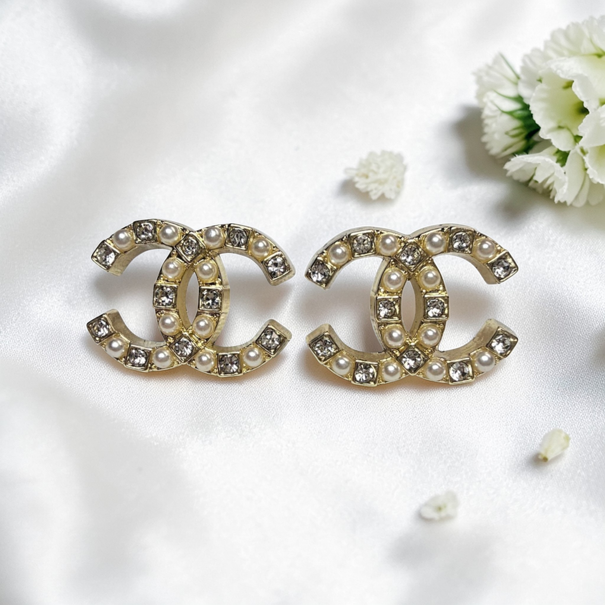 Chanel logo charm Gold Pearl and Gemstone Earrings