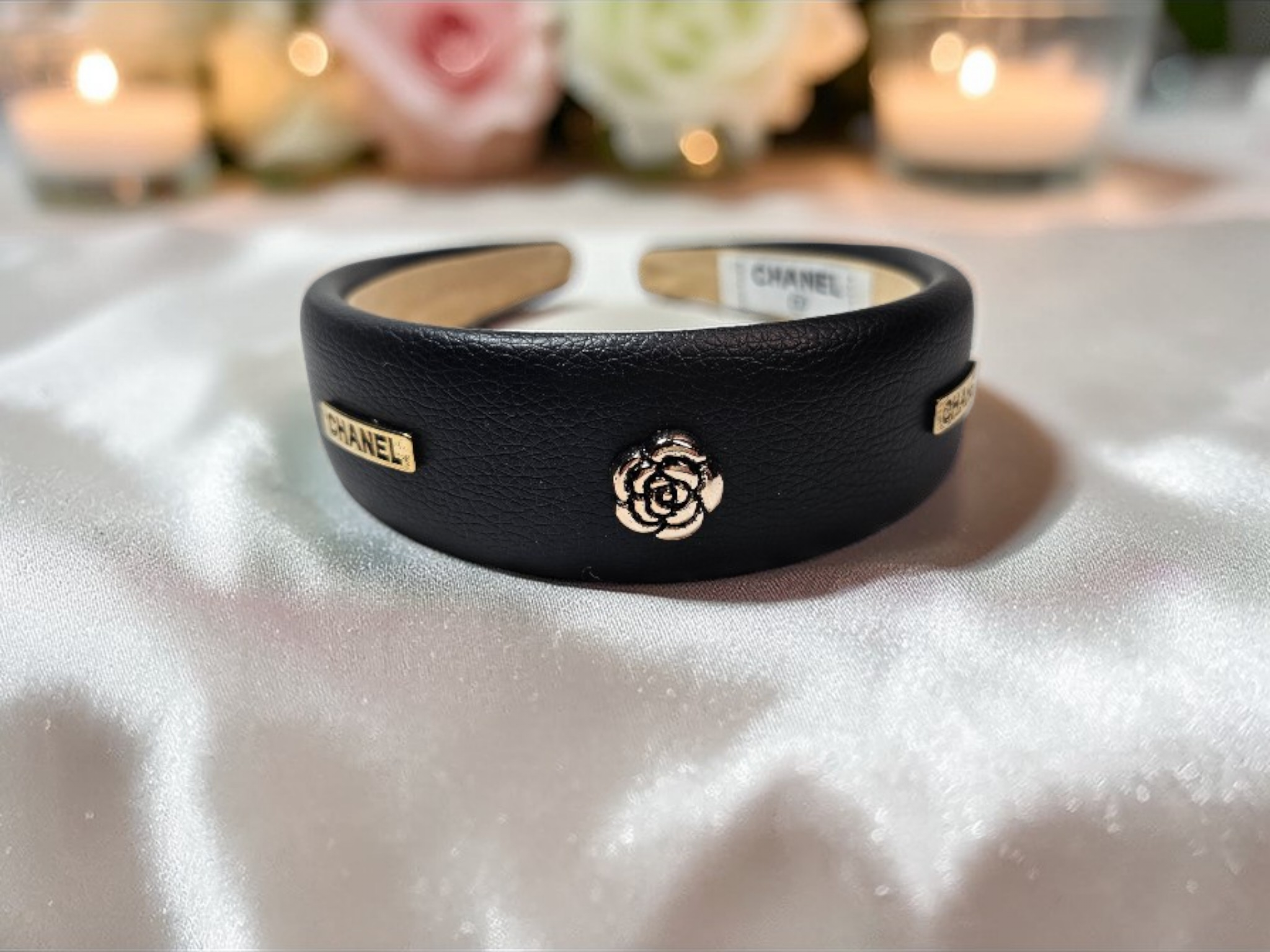 CC Camellia Charm Black Genuine Leather Headband