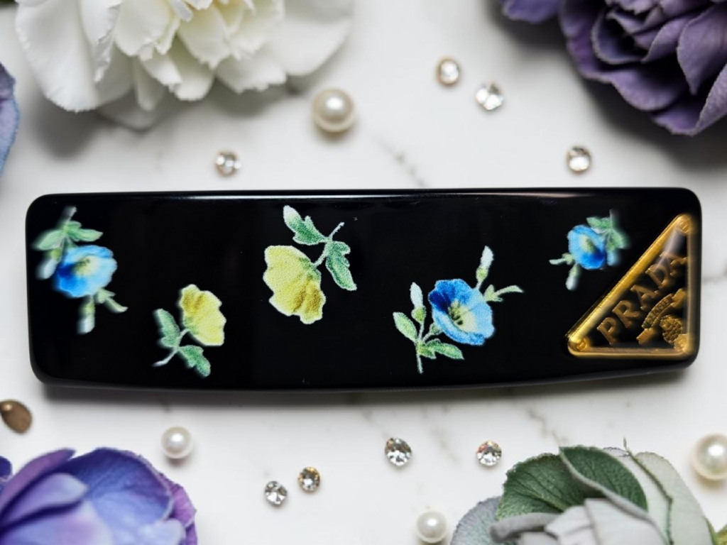 Black Floral and Gold Logo Charm Barrette/ Hair Clip Black Floral Spring