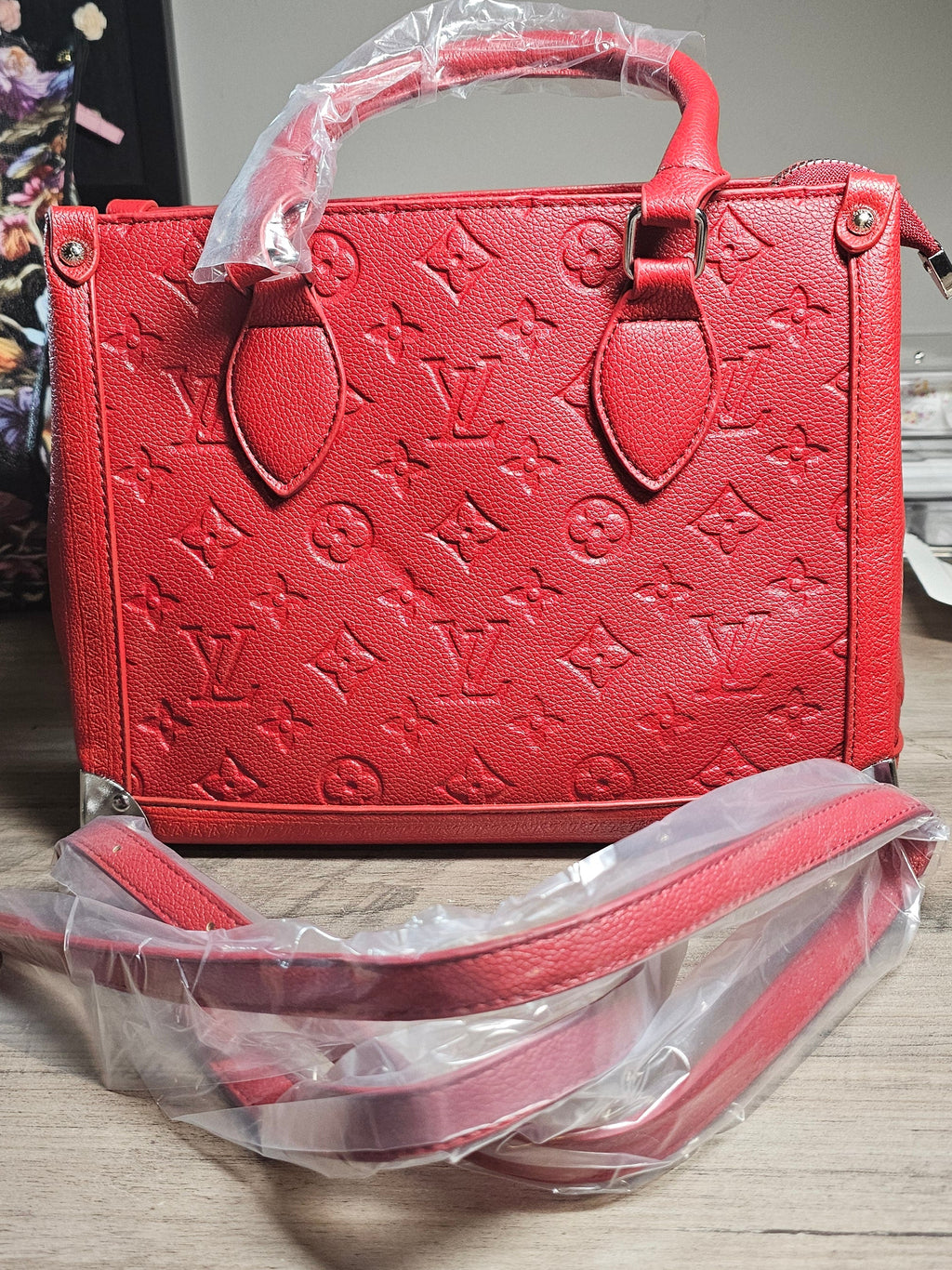 Fire Red monogram Convertible Crossbody Handbag w/ Silver Feet Accents