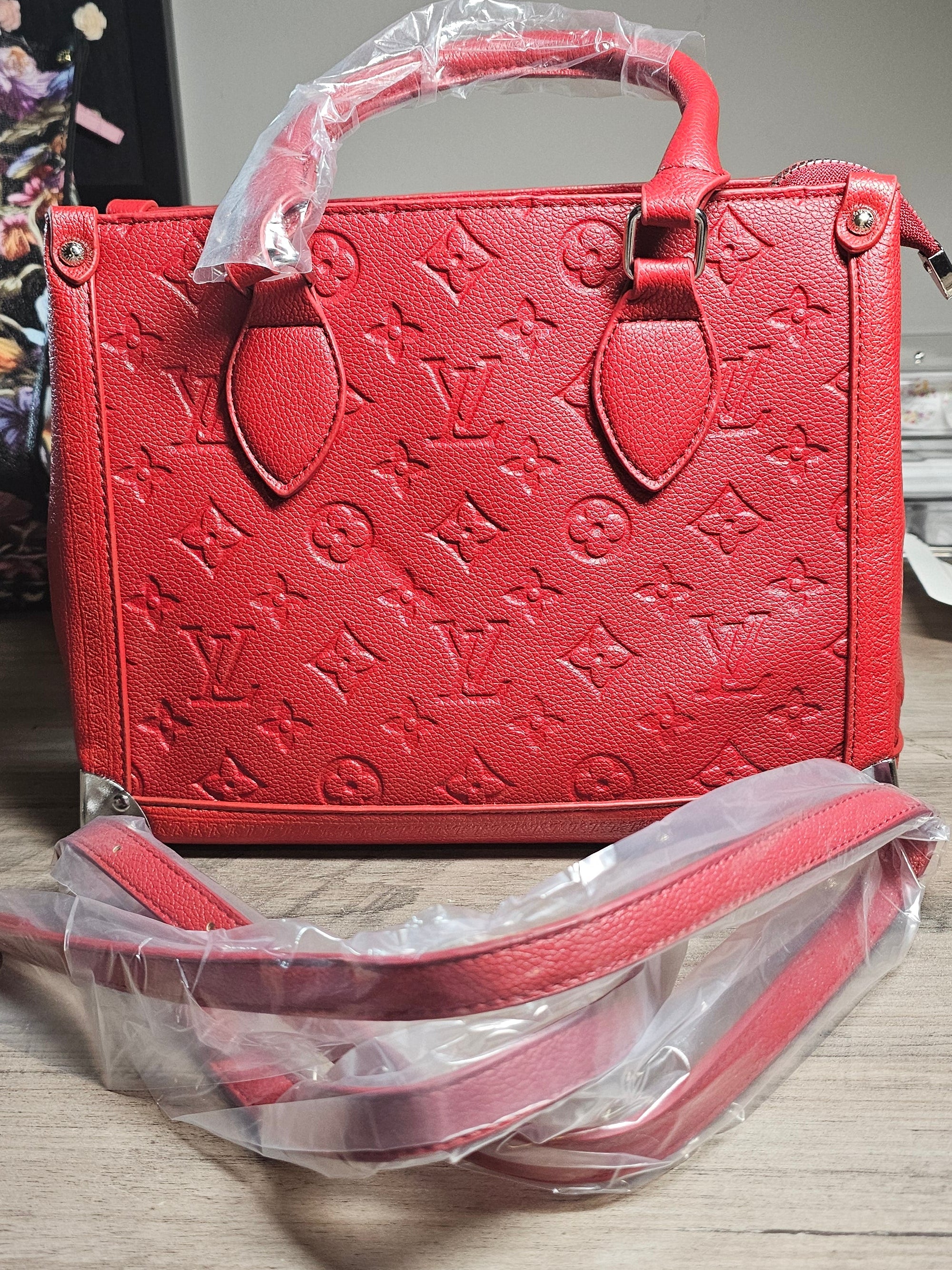 Fire Red monogram Convertible Crossbody Handbag w/ Silver Feet Accents