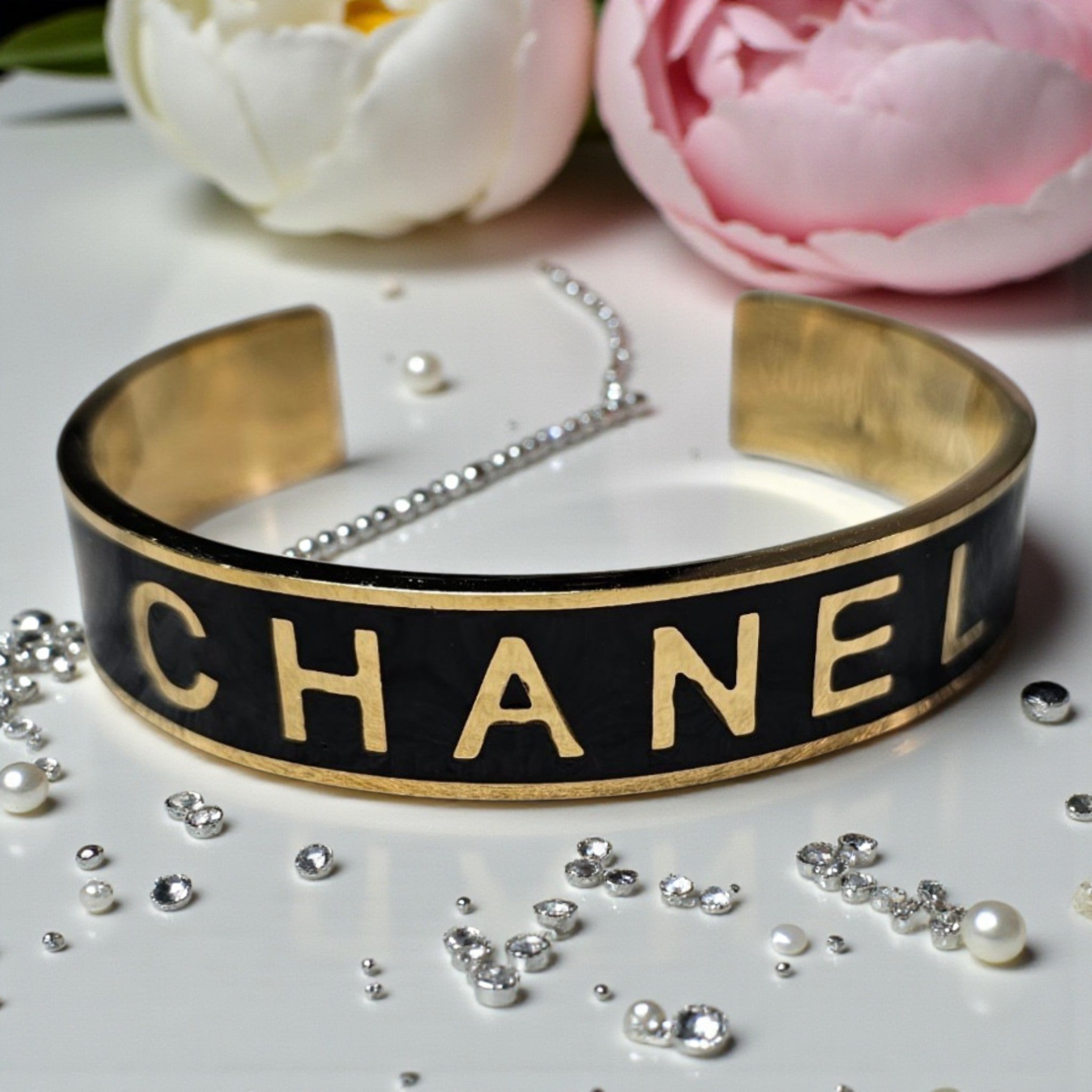 Gold and Black CC Logo Cuff Bracelet New