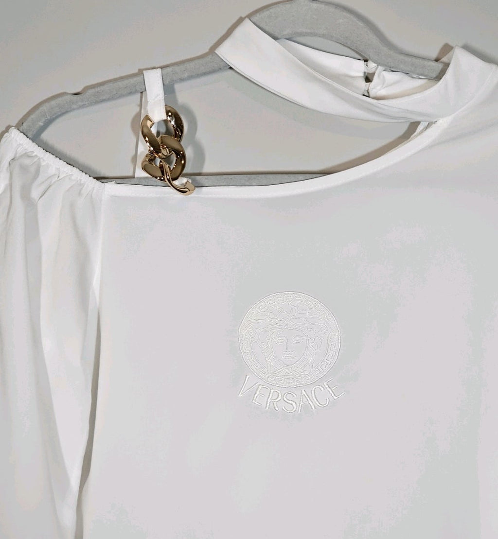 Medusa logo White Silk Blend Asymmetric Embroidered Blouse Size US Large