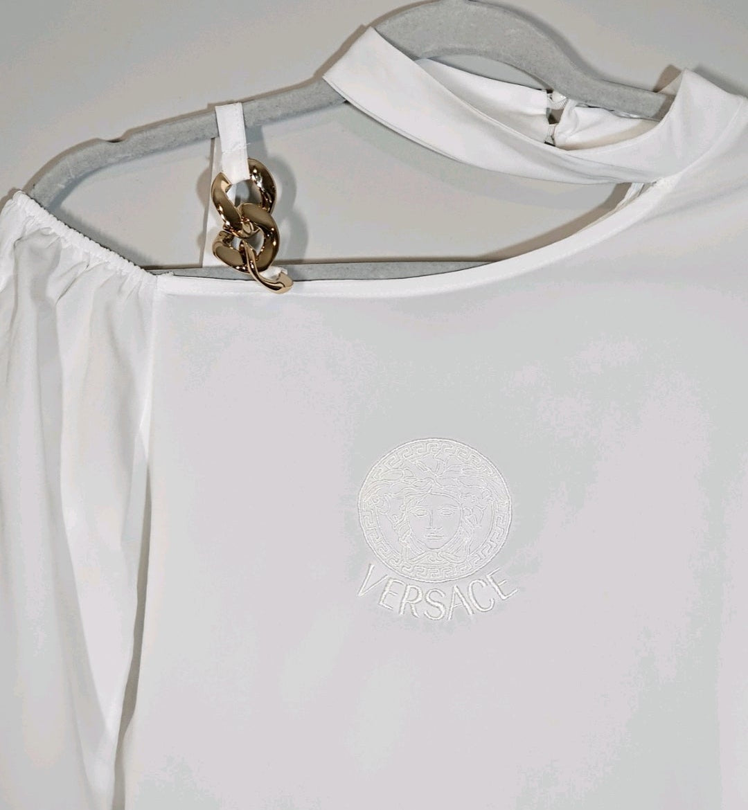 Medusa logo White Silk Blend Asymmetric Embroidered Blouse Size US Large