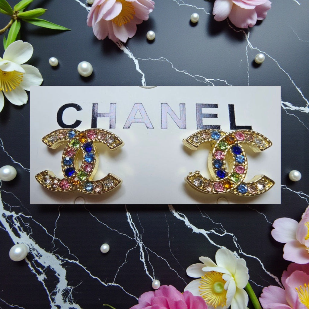 18K Gold plated CC logo multicolor gemstone pierced earrings