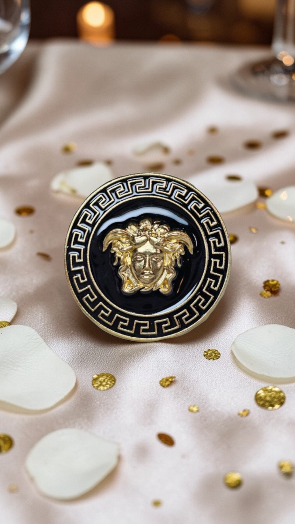 Versace Medusa Charm Black and Gold Pin Brooch