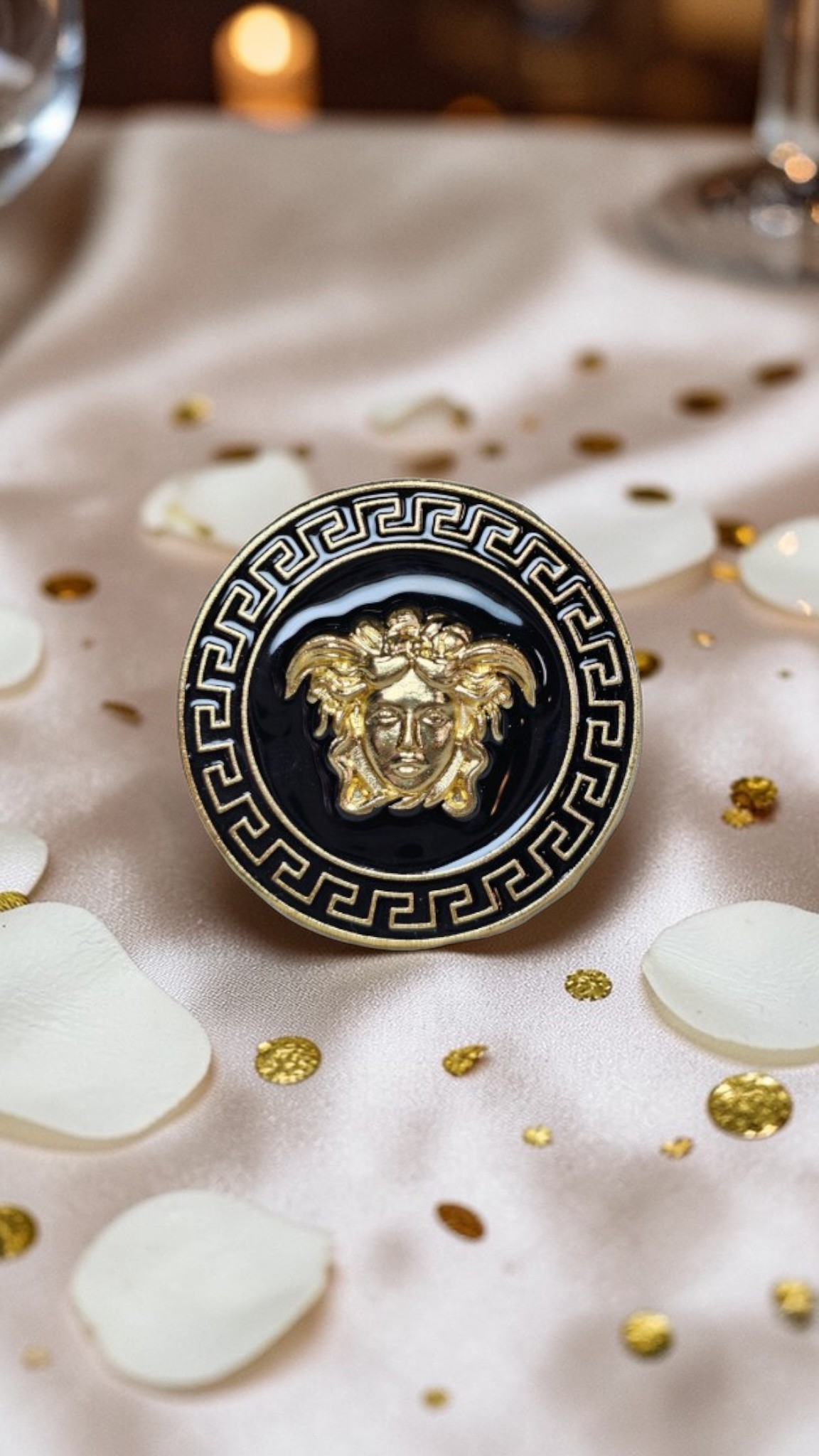 Versace Medusa Charm Black and Gold Pin Brooch