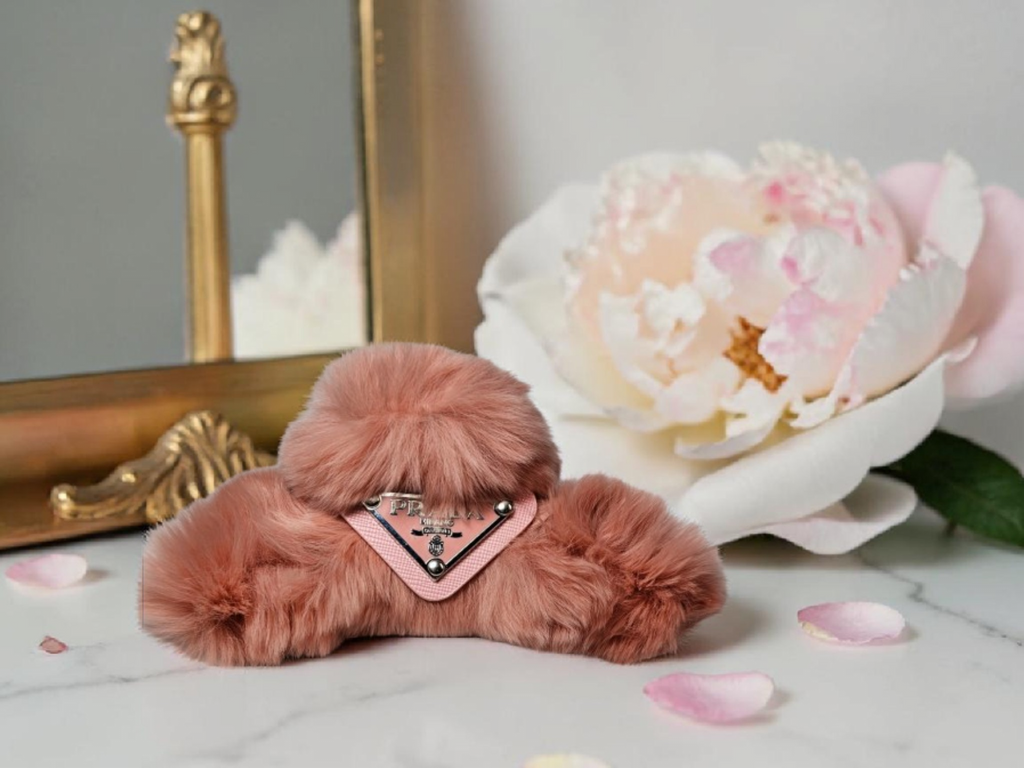 Logo Charm Pink Fur Hair Claw Clip Spring